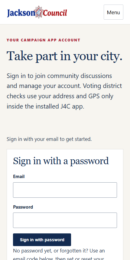 J4C mobile account page with sign-in options