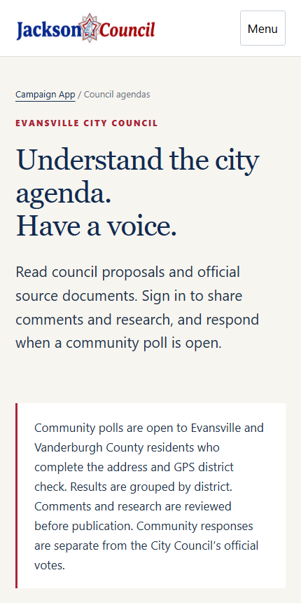 J4C mobile city agenda page with meeting selection and ordinance search