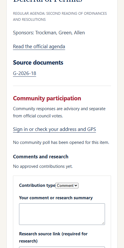 J4C proposal detail showing official documents, community participation, and the comments and research form