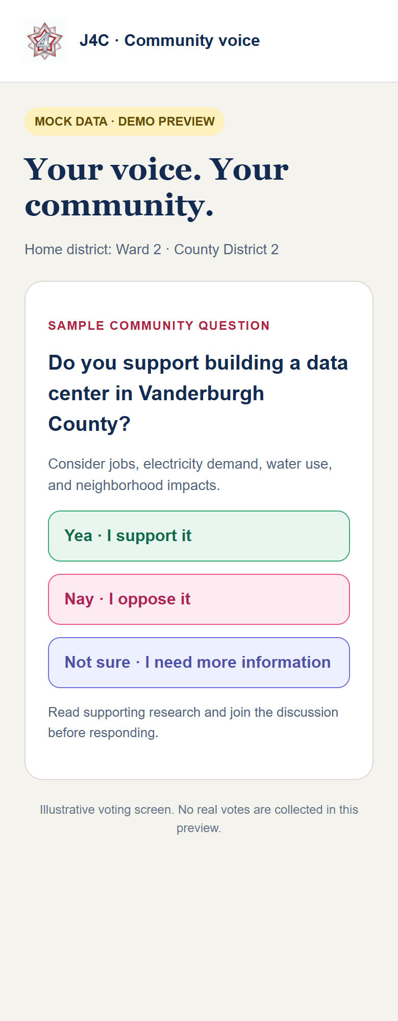 J4C demo screenshot: Consider the question. Illustrative mock voting data.